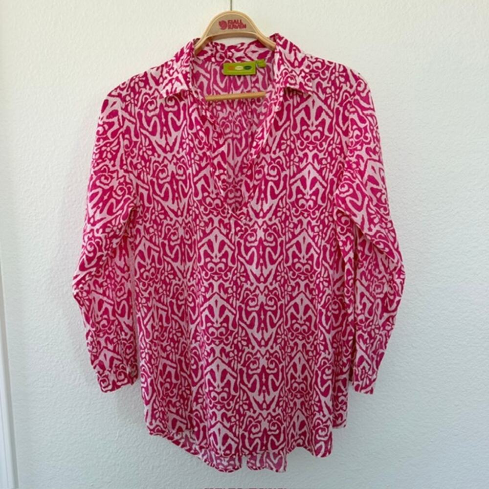 Rockflowerpaper Anthropologie Henley Popover Tunic Top Pink Aztec Print Women XL